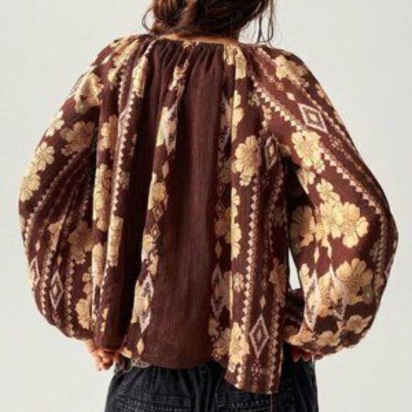 Multicolor Boho Women's Brown Relaxed Fit Pattern Patchwork Shirt - Picture 2 of 7